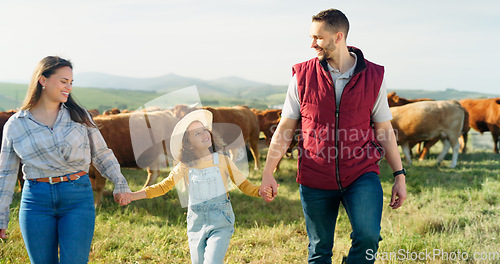 Image of Farmer family, cow farm and field walk with girl and parents bonding in nature, enjoying conversation and relaxing. Agriculture, sustainable business and happy family having fun in the countryside