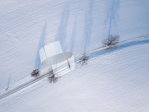 Image of Windy winter road in snow covered fields