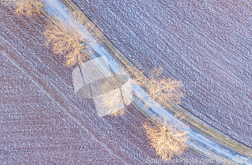 Image of Windy winter road in snow covered fields