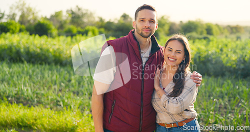 Image of Agriculture, farm and portrait of eco friendly couple standing in sustainable, green and agro field. Sustainability, farming and happy woman and man on outdoor eco adventure together in countryside.