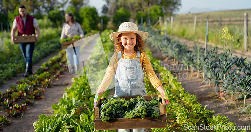 Image of Little girl, farm and agriculture in green harvest for sustainability, organic and production in nature. Portrait of child holding crops in sustainable farming in the countryside for natural resource