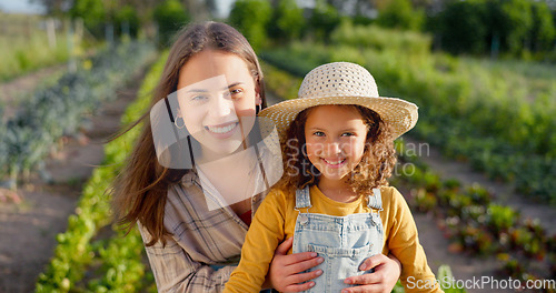 Image of Agriculture, farming and farmer, woman and girl happy, fresh vegetable and organic growth. Mother and daughter in portrait, green sustainability and environment, nature and nutrition with harvest.