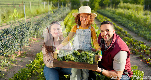 Image of Plant, vegetables and happy family on a farm farming agriculture growth, natural and organic healthy food. Mother, father and child with a big smile from learning harvesting and nature sustainability