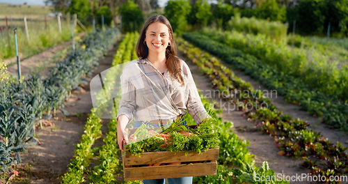 Image of Woman farmer, agriculture and vegetables in box, farming and fresh produce, organic and harvest. Young, happy in portrait, farm and countryside, nature and environment, green and sustainability.