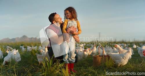 Image of Man with girl, happy chicken farmer and organic livestock sustainability farming planning for healthy harvest. Child smile at dad, sustainable egg farm and free range eco friendly poultry agriculture