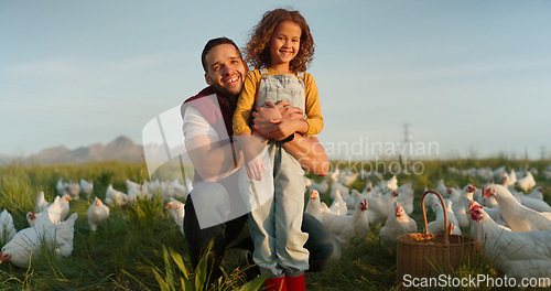 Image of Man with girl, happy chicken farmer and organic livestock sustainability farming planning for healthy harvest. Child smile at dad, sustainable egg farm and free range eco friendly poultry agriculture