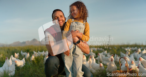 Image of Man with girl, happy chicken farmer and organic livestock sustainability farming planning for healthy harvest. Child smile at dad, sustainable egg farm and free range eco friendly poultry agriculture