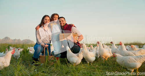 Image of Farm, chicken and portrait of family with livestock in agriculture, sustainable and green field. Ecology, poultry and agro man and woman with girl kid farming with energy in eco friendly countryside.