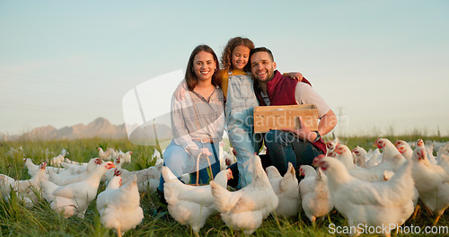 Image of Farm, chicken and portrait of family with livestock in agriculture, sustainable and green field. Ecology, poultry and agro man and woman with girl kid farming with energy in eco friendly countryside.