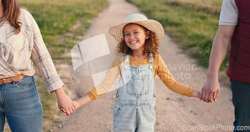 Image of Agriculture, farming and family holding hands on farm in summer countryside. Mom, dad and portrait of young girl excited for future career in family business as farmer with parents support and love
