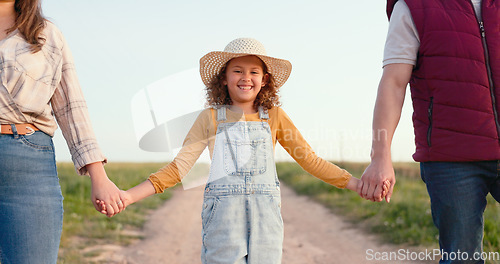 Image of Agriculture, farming and family holding hands on farm in summer countryside. Mom, dad and portrait of young girl excited for future career in family business as farmer with parents support and love