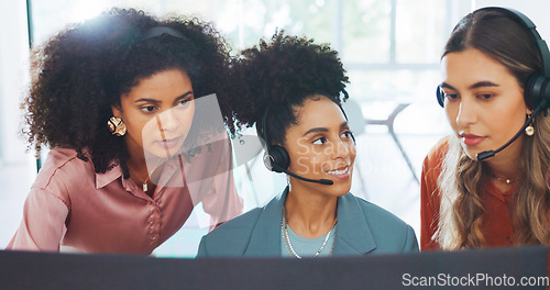 Image of Business, women and call center with employee, manager and conversation for process, system and workplace. Female agents talking, headset and coworkers for customer support, telemarketing and support