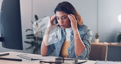 Image of Headache, computer or woman copywriting with stress, burnout or mental health problems at office desk. Migraine, anxiety or employee in pain while working on digital marketing content or media post