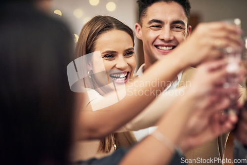 Image of Group of friends, cheers and celebration in restaurant, party and happiness together for valentines day. Love, friendship and champagne toast, happy hour social event, people at pub for drinks date.