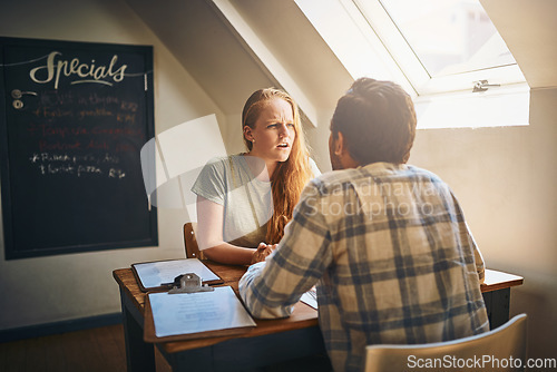 Image of Divorce, anger and argue with a couple in a restaurant, fighting about cheating or infidelity in a toxic relationship. Breakup, angry or argument with a young man and woman having a fight in a cafe