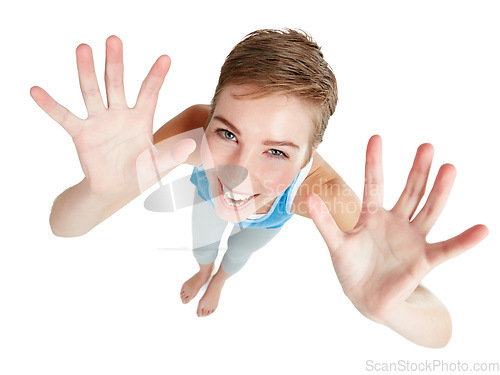 Image of Top view, hands and portrait of woman with smile on white background for announcement, surprise and deal. Copy space, mockup and face of girl isolated in studio showing palms, hand gesture and sign