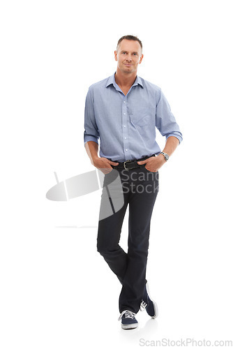 Image of Portrait, mockup and man with fashion, smile and casual outfit with guy isolated on white studio background. Face, male and gentleman with happiness, joyful and calm with stylish clothes and backdrop