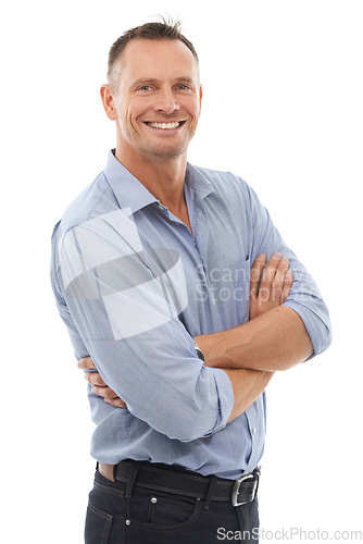 Image of Business, portrait and man arms crossed, smile and management isolated on white studio background. Face, male employee, happy entrepreneur and gesture for leadership, manager and casual on backdrop