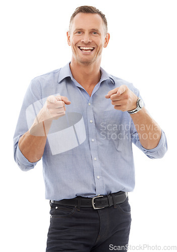Image of Portrait of man, smile and pointing finger with proud, confident choice isolated on white background. Happy businessman, pointing and human resources, we are hiring and excited for job recruitment.