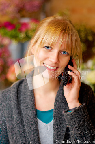 Image of Portrait, woman and phone call for communication, connection and flowers with girl, smile and talking. Face, Canadian female or lady with smartphone, conversation or happiness with beautiful bouquets