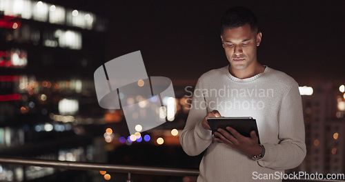 Image of Man, tablet and city using night data to scroll on internet for global networking, about us information and digital marketing online. Male on internet for stock market investment website search