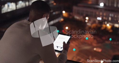Image of Man, tablet and city using night data to scroll on internet for global networking, about us information and digital marketing online. Male on internet for stock market investment website search