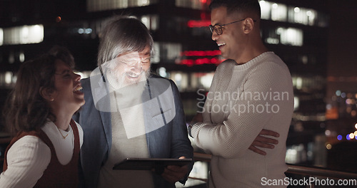 Image of Business team, tablet and night on city building rooftop talking global networking, digital marketing and social media. Man and woman with 5g network on mobile stock market app for innovation idea