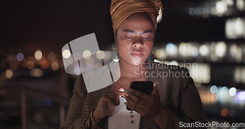 Image of Search, night and phone with business woman in city for communication, social media and networking. Internet, technology and email with black woman on rooftop for app, data and news in New York