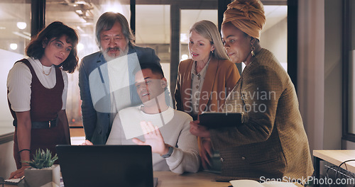 Image of Laptop, tablet and business people teamwork on night project, digital finance portfolio or feedback review of stock market research. Financial economy, investment collaboration and trader trading nft