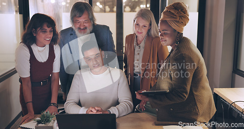 Image of Laptop, tablet and business people teamwork on night project, digital finance portfolio or feedback review of stock market research. Financial economy, investment collaboration and trader trading nft