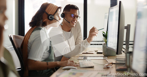 Image of Call center, customer service and collaboration with a consulting team working together for help or support. Contact us, telemarketing and teamwork with a man and woman consultant at work in sales