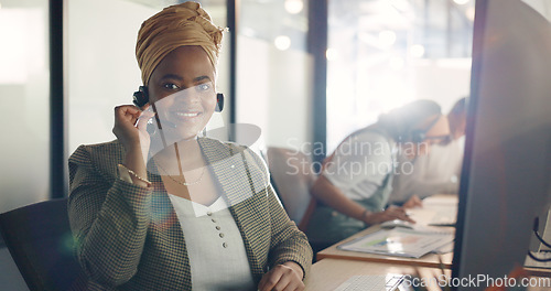 Image of CRM, happy customer service or consultant black woman with smile for success telemarketing, help or communication. Sales advisor, call center or employee for contact us consulting or customer support