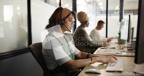 Image of Call center, computer and consulting with business woman for telemarketing, customer service and contact us. Communication, sales and crm with girl employee at help desk agency for technical support