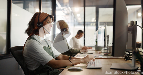 Image of Call center, computer and consulting with business woman for telemarketing, customer service and contact us. Communication, sales and crm with girl employee at help desk agency for technical support