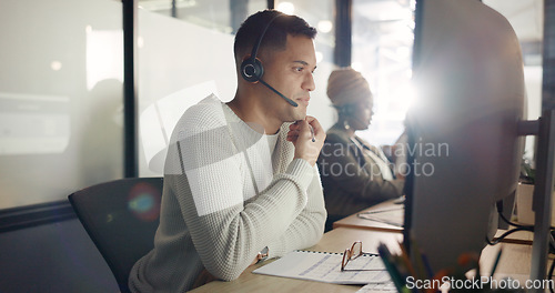 Image of Call center, consulting and communication with businessman writing for telemarketing, customer service or contact us. Sales, crm and technical support with employee in help desk agency for networking