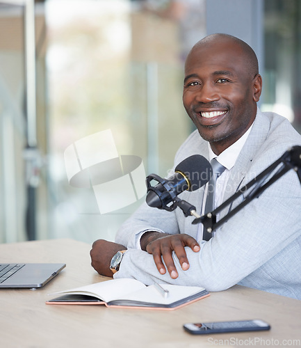 Image of Broadcast, portrait and black man with microphone, radio podcast or content creation in office, laptop and planning. Virtual reporter, news speaker or journalist speaking on live streaming audio show