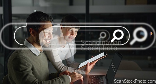 Image of Teamwork, overlay or business people typing on a search engine for web design info on internet, website or online. Night, laptop or happy employees working on digital marketing SEO information on iot