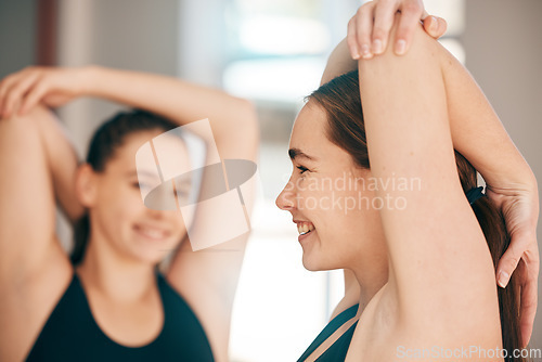 Image of Fitness, stretching and women in studio for exercise, training or warm up on blurred background. Friends, stretch and pilates workout in gym for cardio, flexible or healthy lifestyle, happy and relax