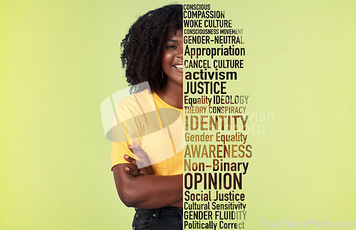 Image of Words, text and portrait of lgbt woman happy for pride and social injustice in a studio green background. Non binary, activist and young African female proud and confident with SEO tag or protest
