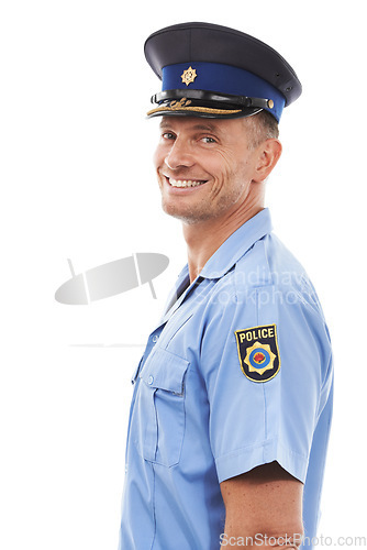 Image of Security, officer and portrait of police with smile on white background for authority, leadership and pride. Law enforcement, justice and isolated guard, policeman and cop happy in legal uniform