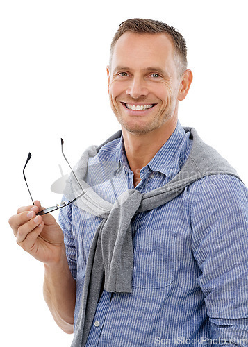 Image of Portrait, happy and mature man in studio for fashion, style and satisfaction against a white background. Face, trendy and fashionable male relax, real and normal while smiling, cheerful and isolated