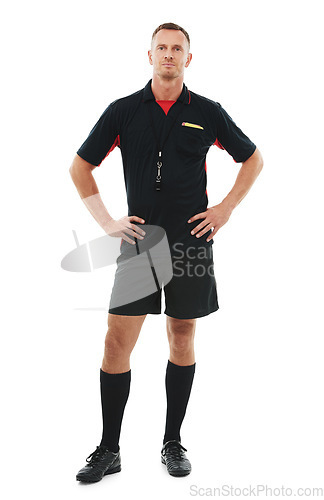 Image of Sports, portrait and male referee in a studio posing with sportswear for a soccer match or training. Fitness, exercise and full body of man coach ready for football game isolated by white background.
