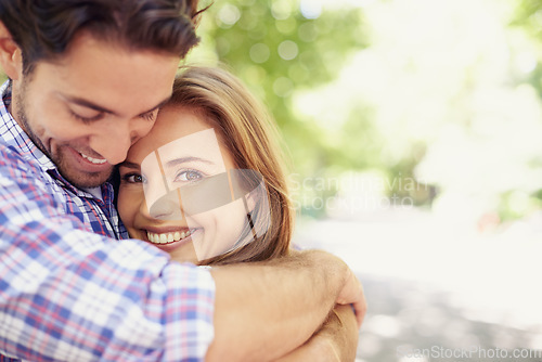 Image of Happy couple, portrait or love hug in garden, nature or backyard park on valentines day, romance date or summer bonding. Smile, woman or man in embrace, relax support or partnership profile picture