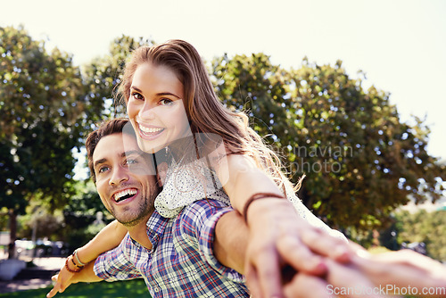 Image of Happy couple, portrait or airplane piggyback in nature park bonding on valentines day, garden date or romance love. Smile, man or carrying woman in aeroplane trust, fun game or freedom energy support