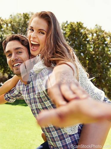 Image of Laughing couple, portrait and airplane piggyback in nature park bonding on valentines day, garden date or romance love. Smile, happy man and carrying woman in aeroplane, funny game and freedom energy