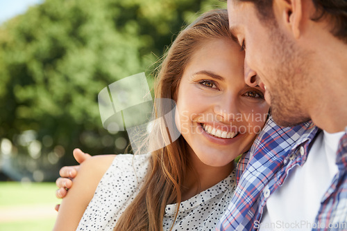 Image of Couple, trust or portrait hug on love date, valentines day or romance bonding in nature park or relax garden. Smile, happy woman or man embrace for care, marriage security or anniversary celebration