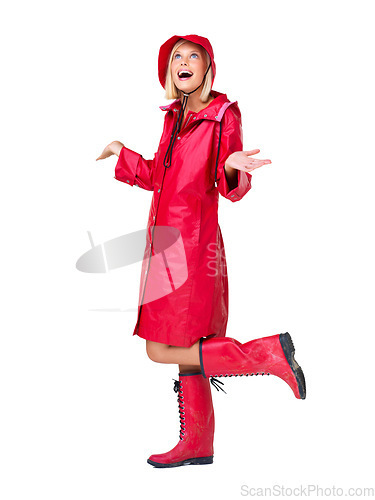 Image of Winter, red raincoat and woman on a white background with smile, content and happy mindset. Creative aesthetic, weather and isolated full body of girl with boots for style, trendy clothes and fashion