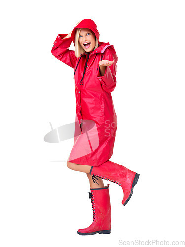 Image of Red raincoat, portrait and excited woman in studio with white background and mockup. Model, smile and young person with happiness for winter rain and storm with waterproof clothes in mock up