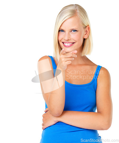 Image of Happy, portrait and woman pointing a finger in a studio for calling, direction or sign language. Happiness, smile and female model with a point gesture or hand sign isolated by a white background.