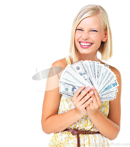 Image of Portrait, money winner and woman with dollars in studio isolated on a white background. Winning, squinting and happy female model with cash, profit and success after lottery, prize or investment